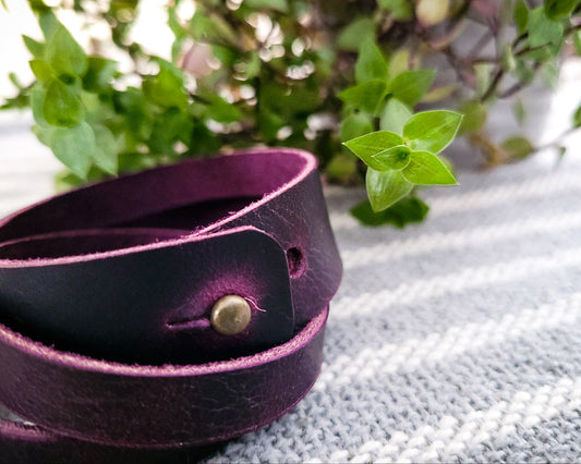 Rouxco Leather double wrap bracelet made from purple italian leather with beautiful pullup. Closed with brass button stud.