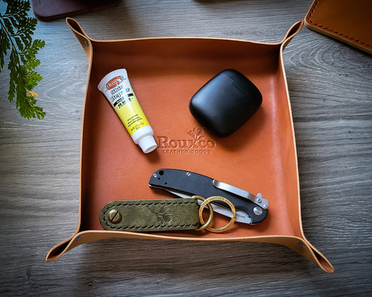 Catchall EDC tray made from tan Wickett & Craig leather with EDC Key organizer, Kershaw Chill knife, and other items